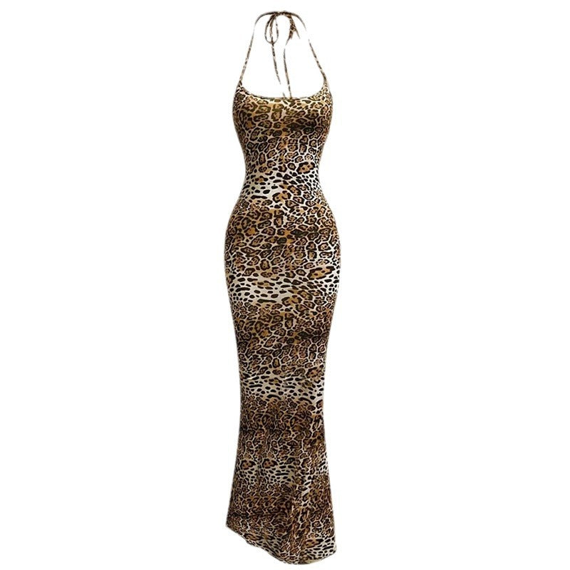 Halter Spaghetti Straps Leopard Print Slim Fit Exposed Back New Dress