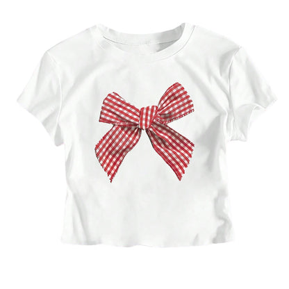 Catherine – Casual Short Top with Bow Print