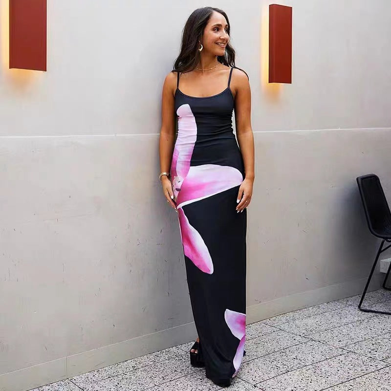 Flower Print Tight Long Dress Sexy Backless Slit Sling