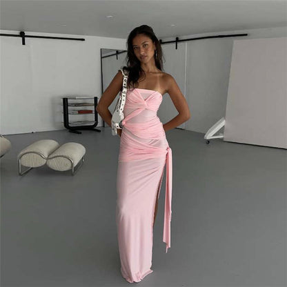 Women's Sexy Temperament Twist Knot Backless Side Slit Tube Top Solid Color Dress