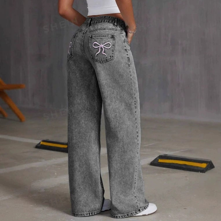 Shirley – Vintage Bow Embroidered Straight Jeans