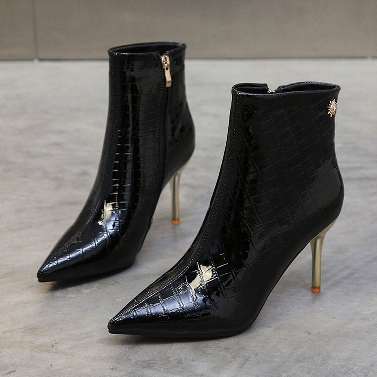 Mary – Stone Pointed Vegan Leather Stiletto Boots