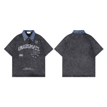 Wayne – Washed Letter Print Contrast Color Denim Short Sleeve T-shirt