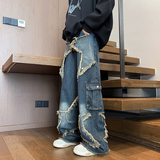 Hugh – Retro Straight Jeans in Distressed Blue
