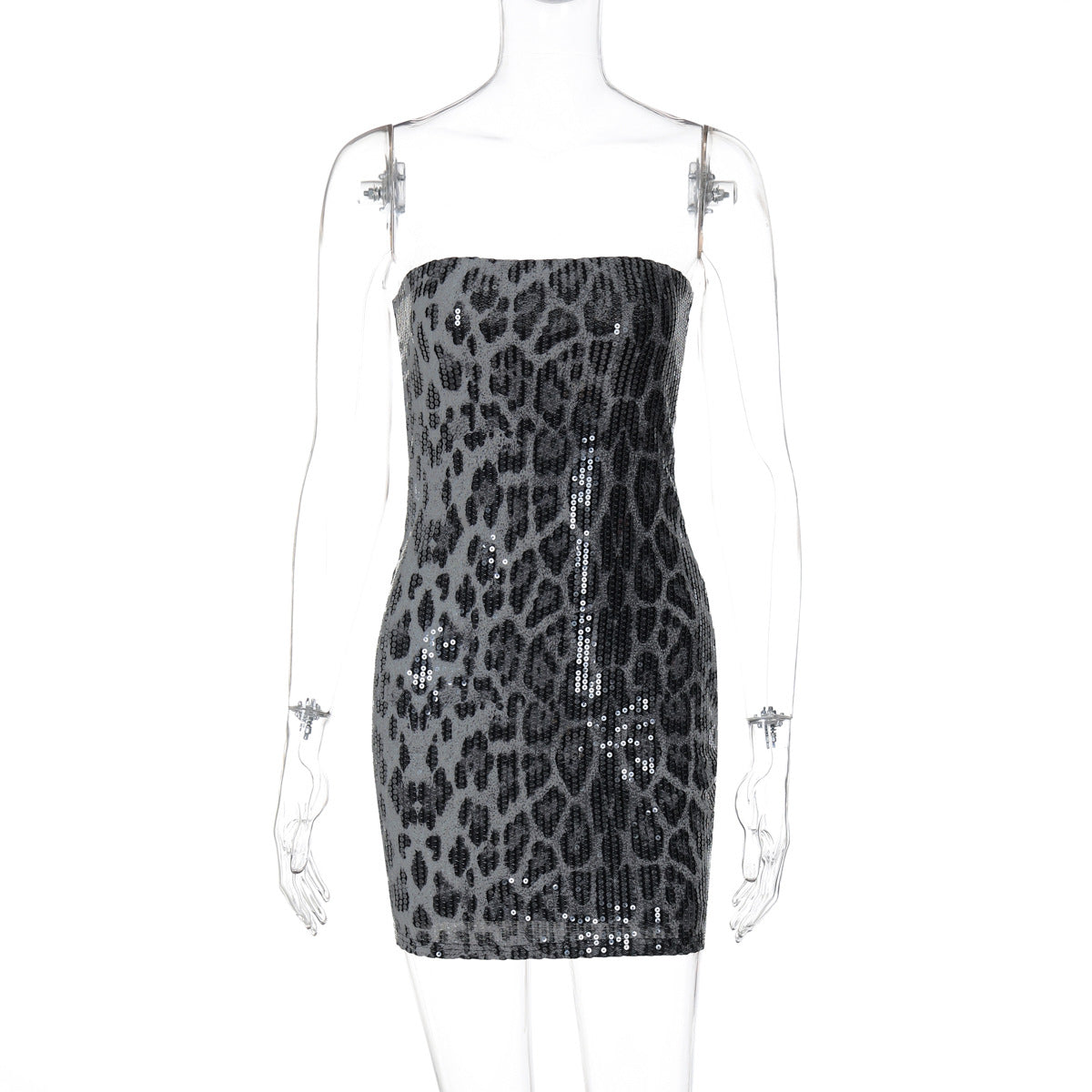 Printed Sequined Leopard Print Tube Top Package Hip Dress