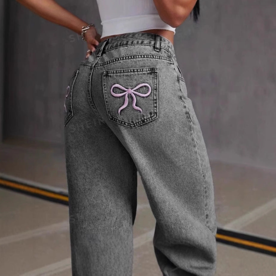 Shirley – Vintage Bow Embroidered Straight Jeans