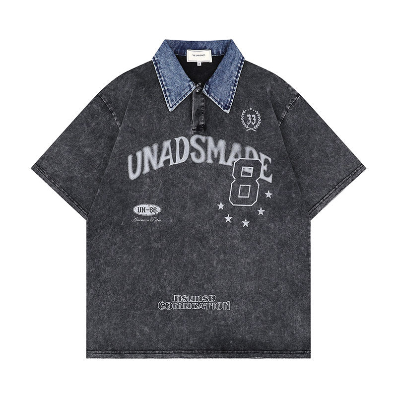 Wayne – Washed Letter Print Contrast Color Denim Short Sleeve T-shirt