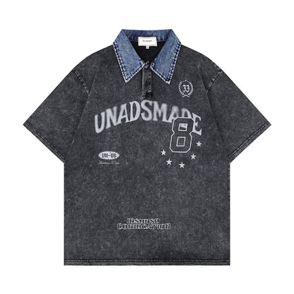 Wayne – Washed Letter Print Contrast Color Denim Short Sleeve T-shirt