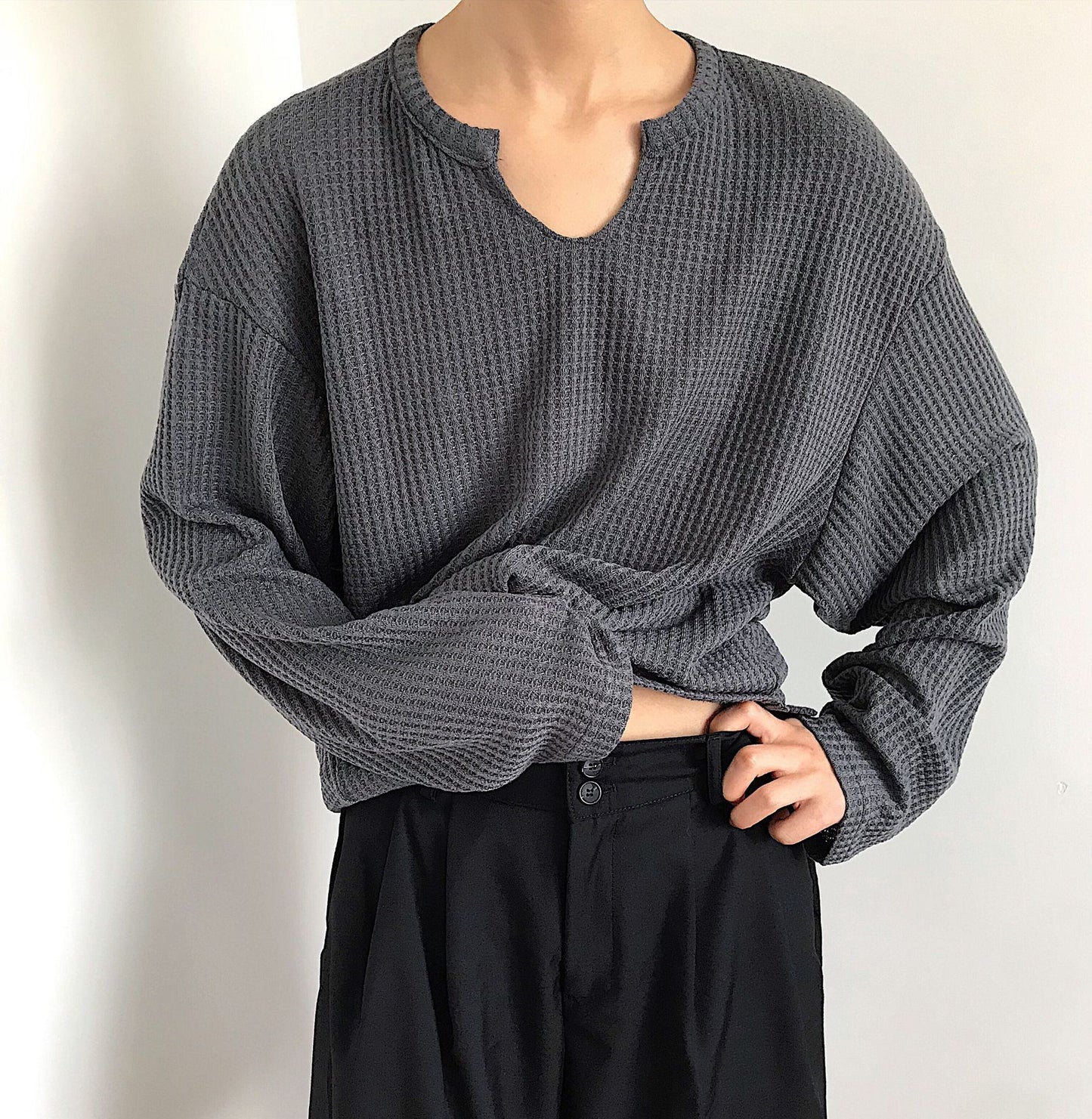 Felix – Loose Casual Waffle Long Sleeve Top
