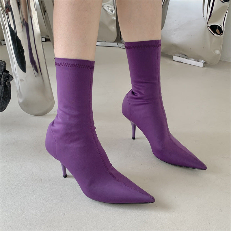 Amanda – Mid-Calf Stiletto Heel Elastic Booties