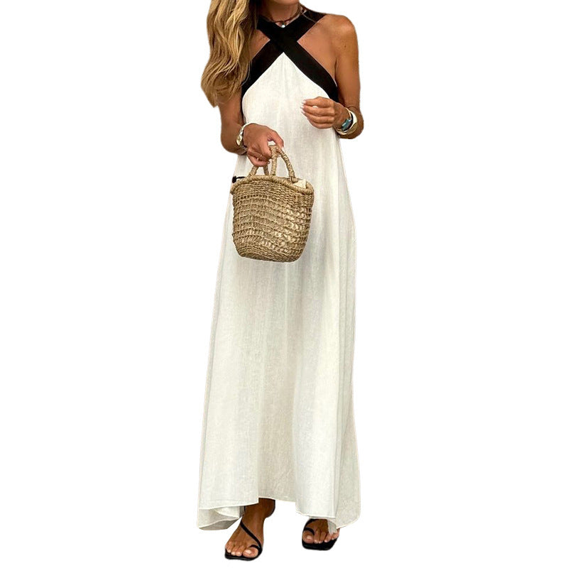 Fashion Pure Color Halter Spaghetti Straps Sleeveless Cotton And Linen Dress Women