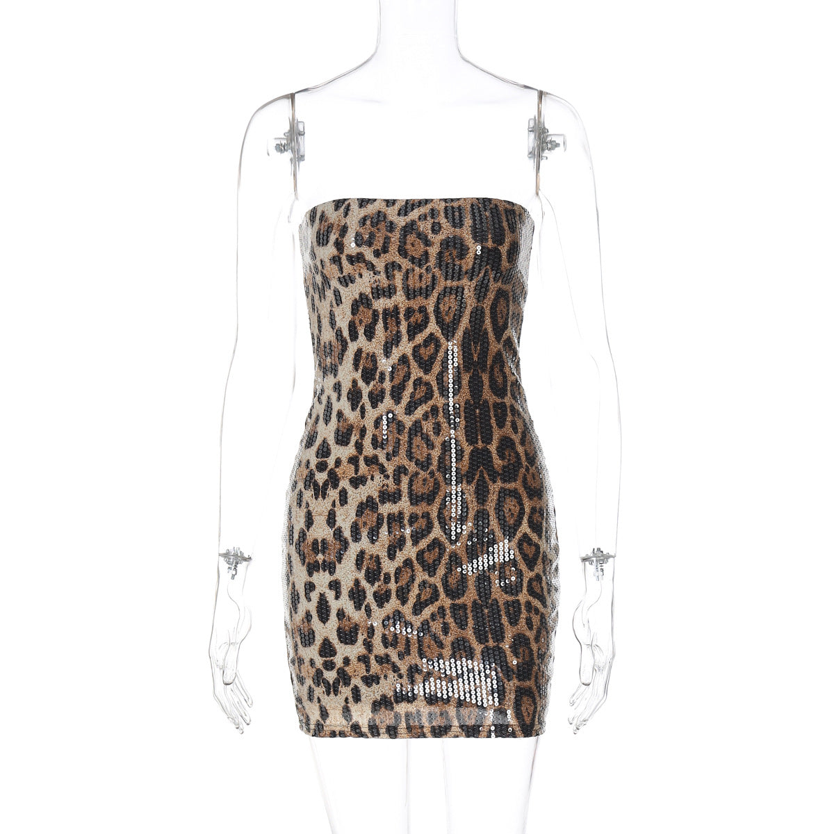 Printed Sequined Leopard Print Tube Top Package Hip Dress