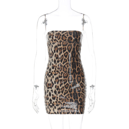 Printed Sequined Leopard Print Tube Top Package Hip Dress