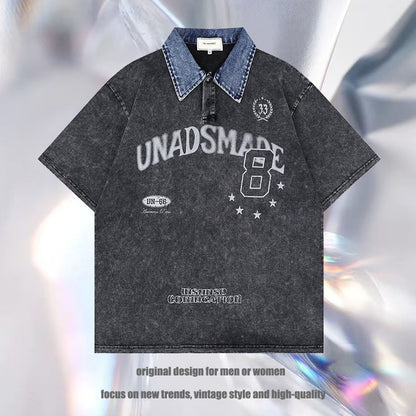 Wayne – Washed Letter Print Contrast Color Denim Short Sleeve T-shirt