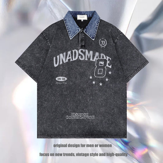 Wayne – Washed Letter Print Contrast Color Denim Short Sleeve T-shirt
