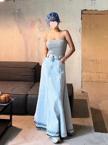 Joanne – High Waist A-Line Skirt with Stitching Edging