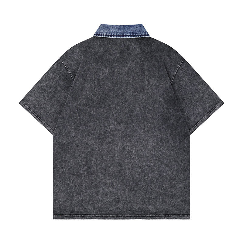 Wayne – Washed Letter Print Contrast Color Denim Short Sleeve T-shirt