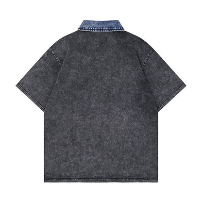 Wayne – Washed Letter Print Contrast Color Denim Short Sleeve T-shirt