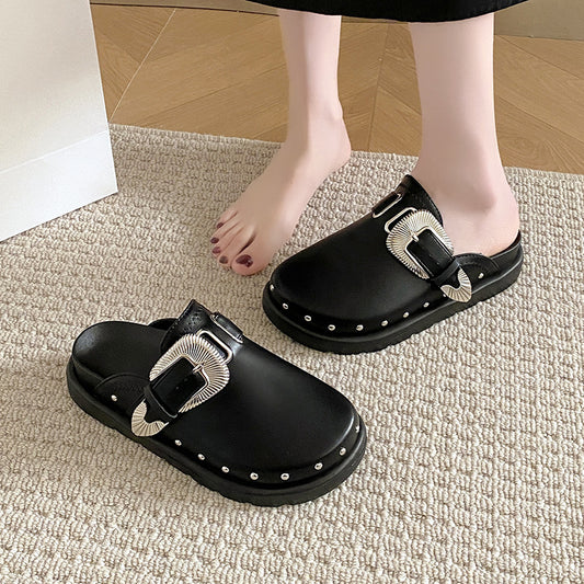 Mandy – Casual Vegan Leather Rivet Half Slippers