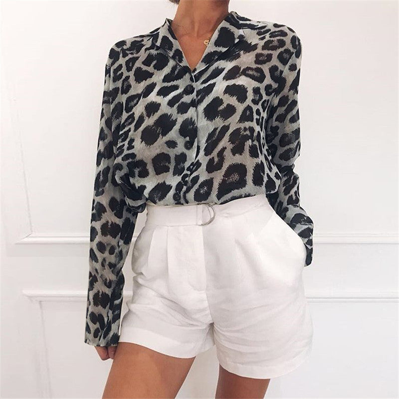 Janet – Vintage Leopard Print Blouse with Turn Down Collar