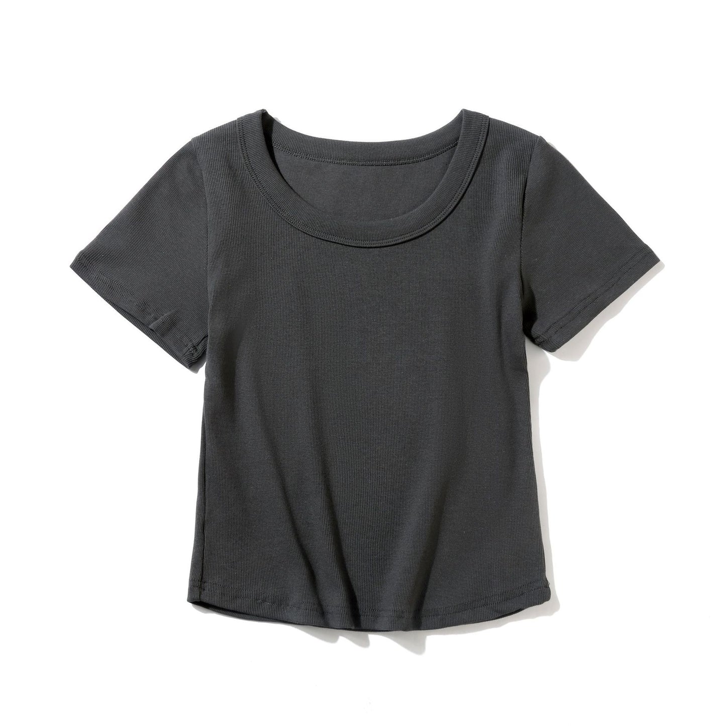Carly – French-style O-neck Short Vegan Cotton T-shirt with Curved Hem