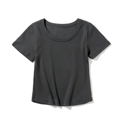 Carly – French-style O-neck Short Vegan Cotton T-shirt with Curved Hem