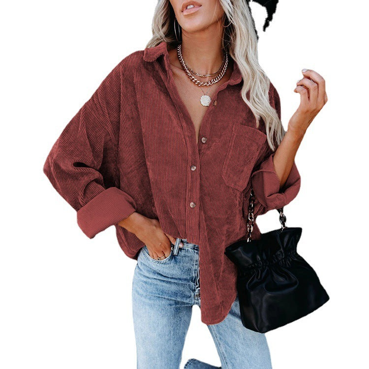 Phoebe – Women's Corduroy Casual Coat with Polo Collar