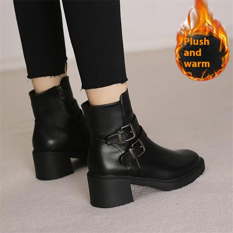 Patricia – Black Vegan Leather Mid Heel Boots