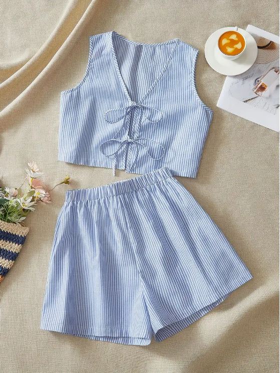 Susan – Elegant Striped Knit Tank and High-Waist Shorts Set