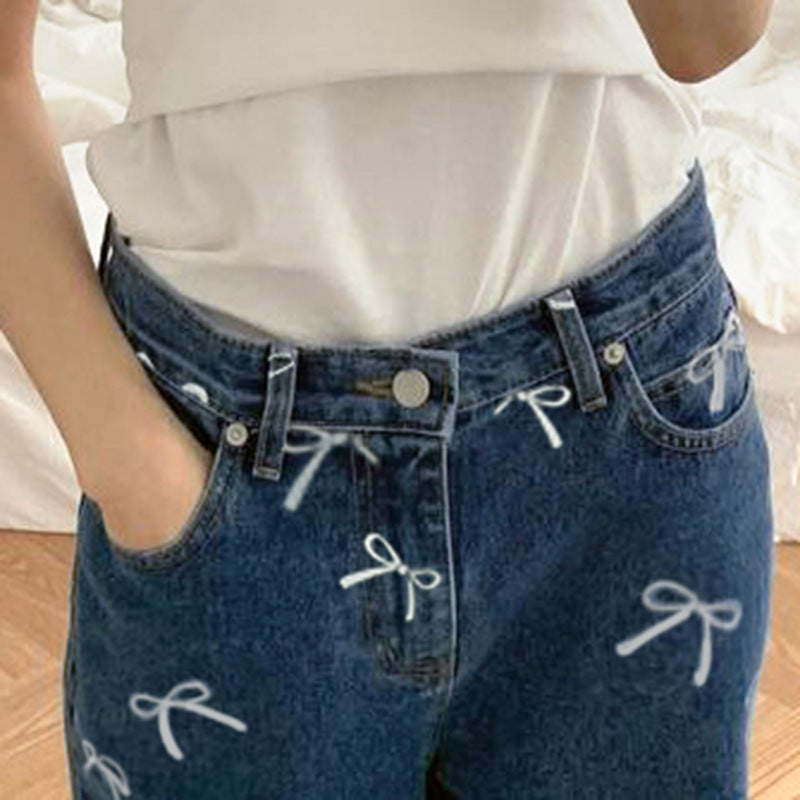 Megan – Vintage Bow Print Loose Jeans
