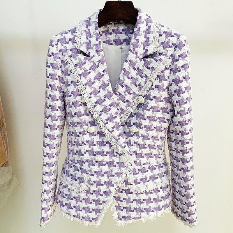 Shannon – Wool Blazer with Houndstooth Pattern and Lion Buttons