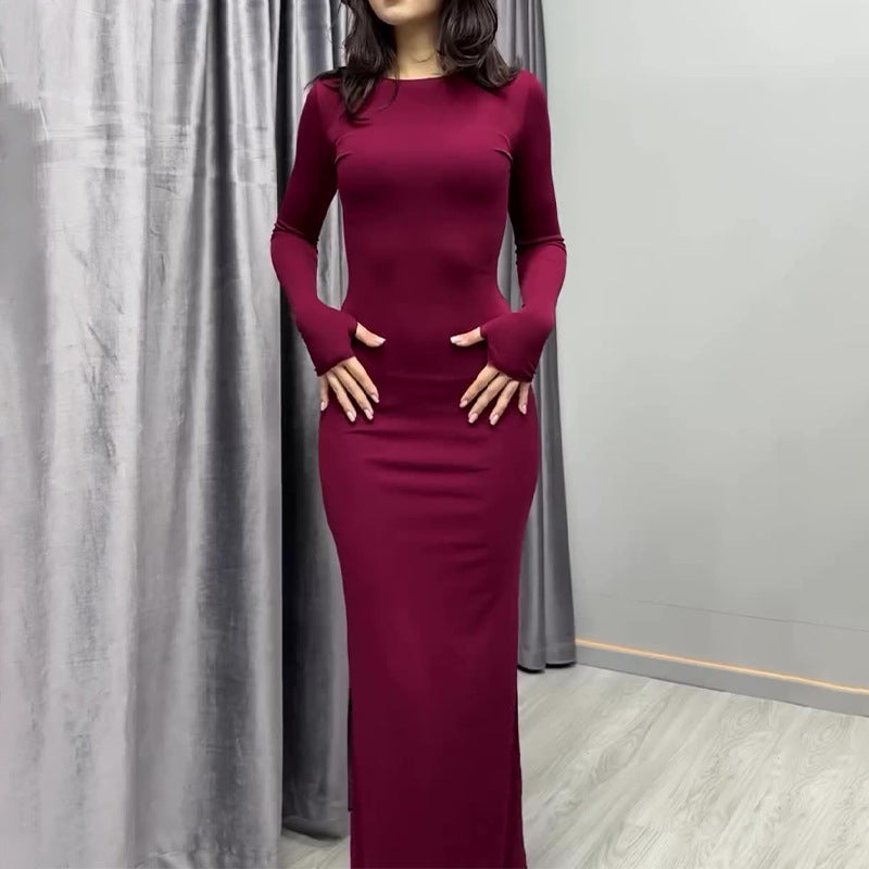 Sexy Long Sleeve Narrow Solid Color Dress