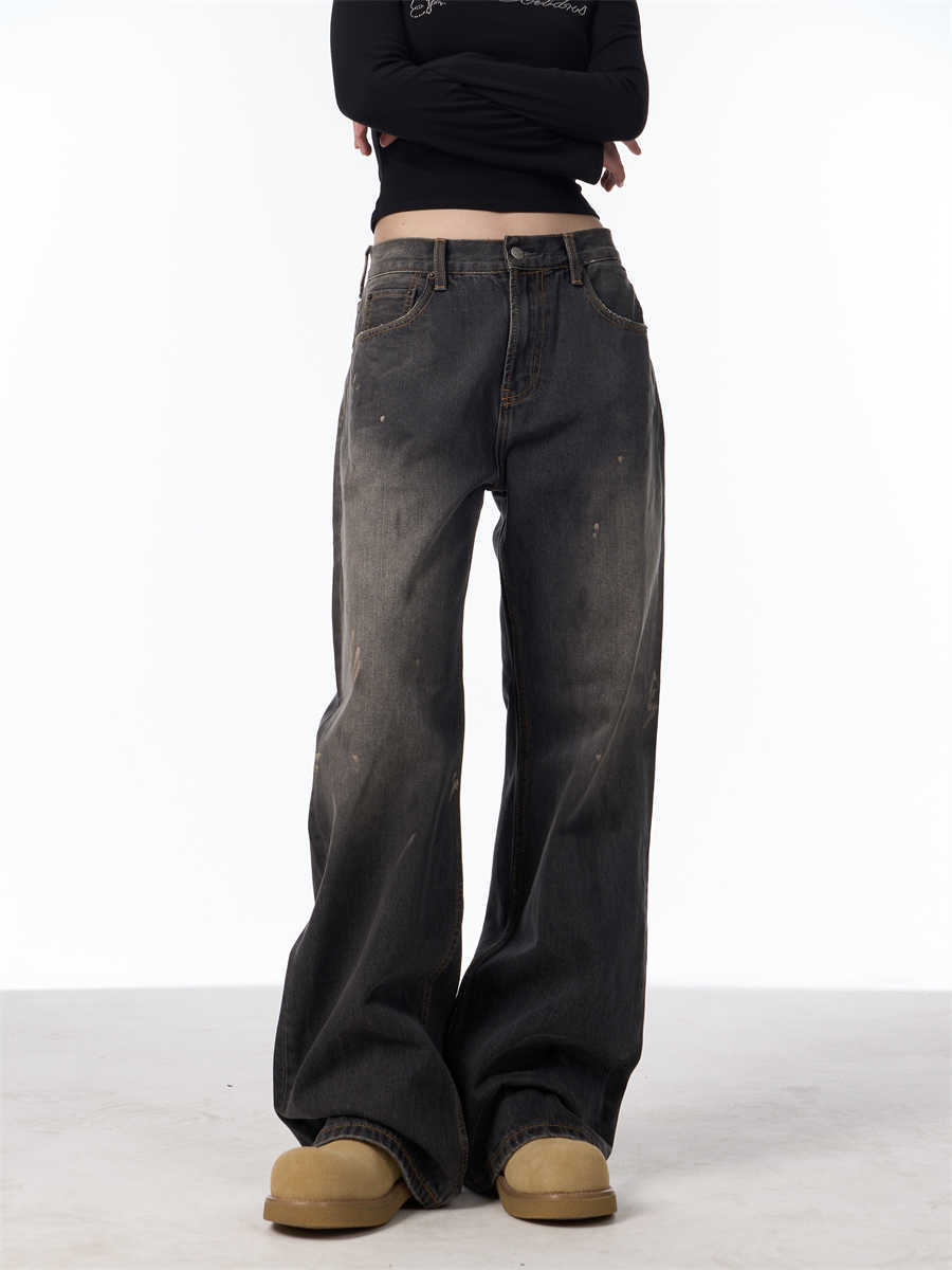 Laura – Retro Splash-Ink Loose Straight Jeans