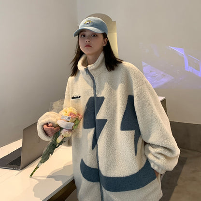 Sophia – Embroidered Smiling Face Vegan Wool Coat