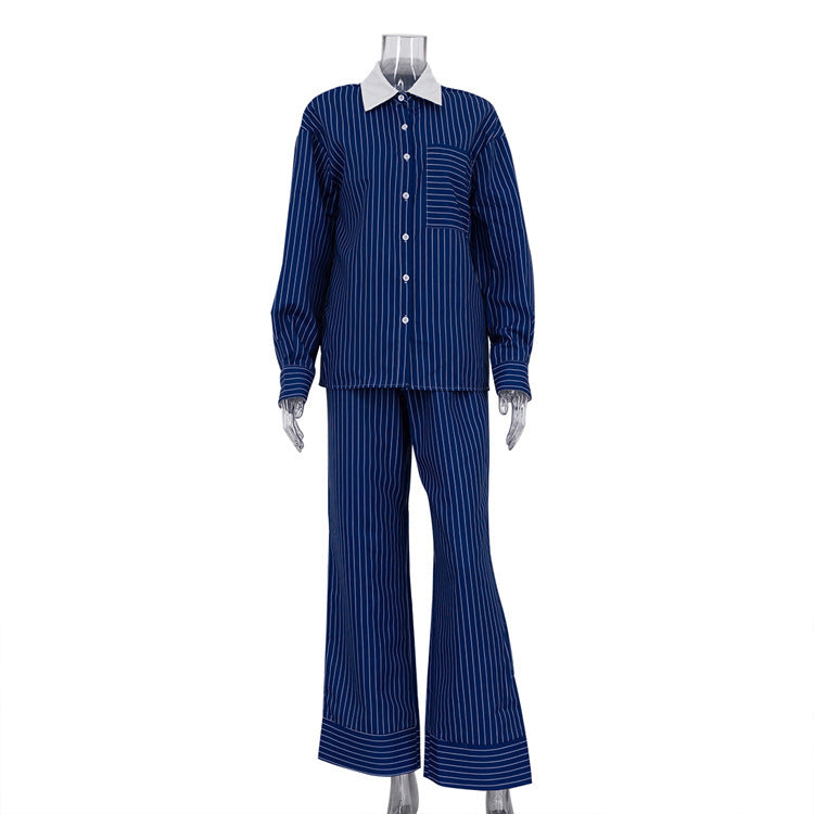 Glenn – Striped Polo Collar Shirt & Casual Pants Set