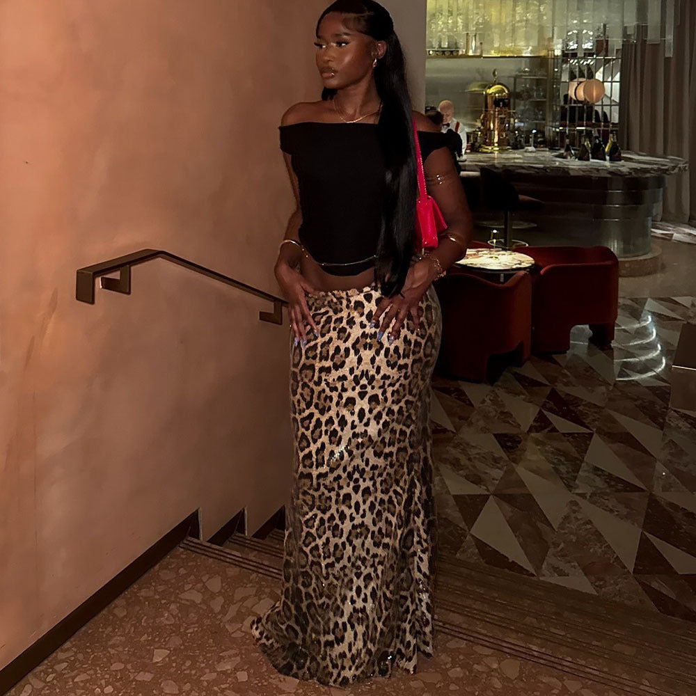 Amy – Leopard Print Sequin Stretch Skirt