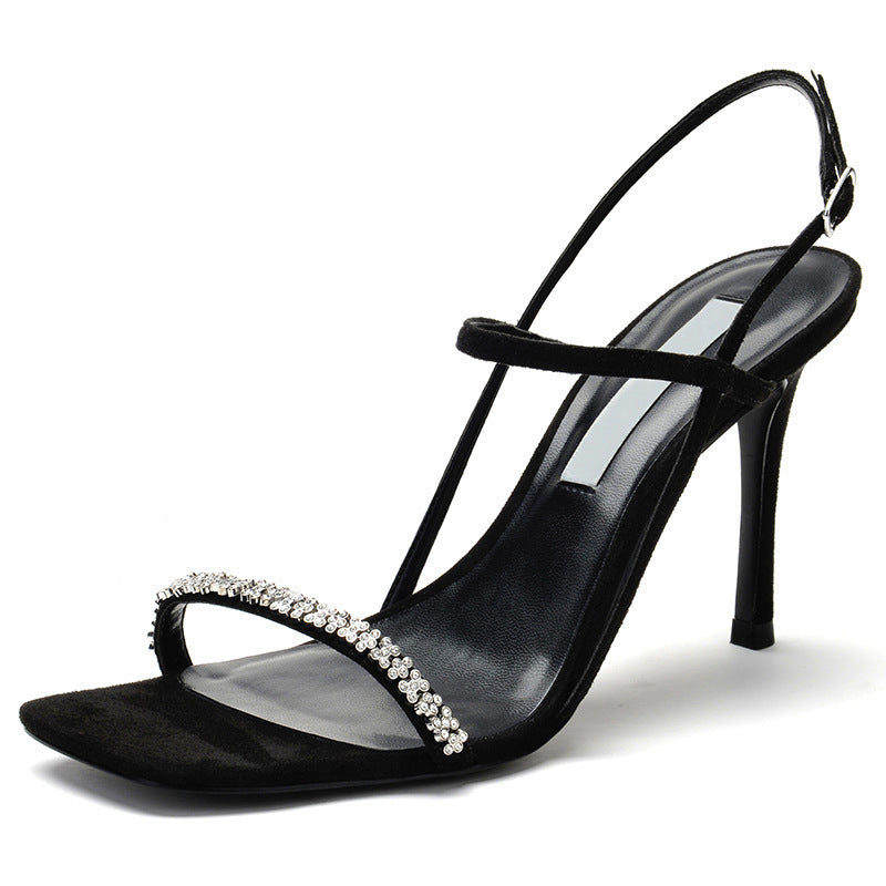 Women's Square Toe Black Crystal High Heels