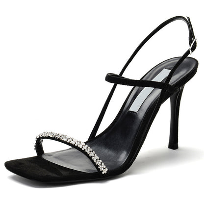 Women's Square Toe Black Crystal High Heels