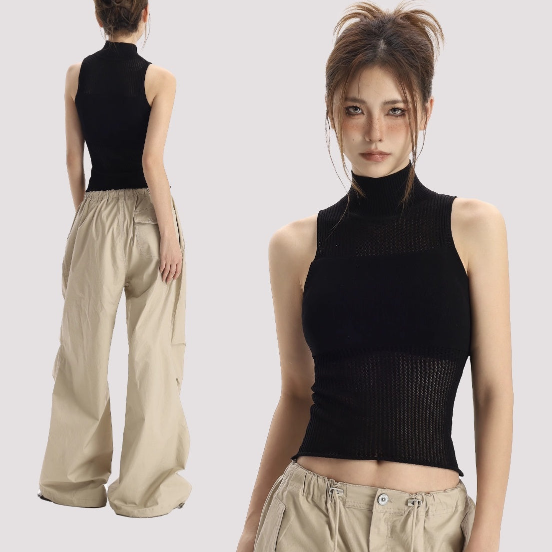Brenda – Black Sleeveless High Neck Short Top