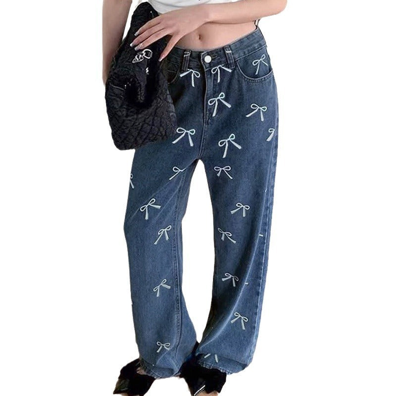 Megan – Vintage Bow Print Loose Jeans