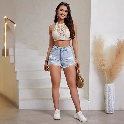 Natalie – Fashion Denim Shorts with Distressed Style