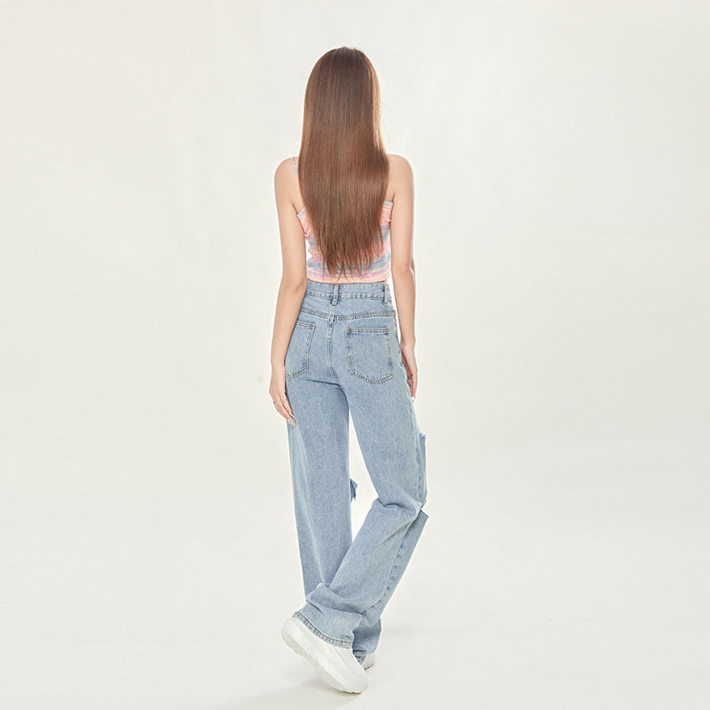 Emma – High Waist Light Blue Ripped Wide-legged Jeans