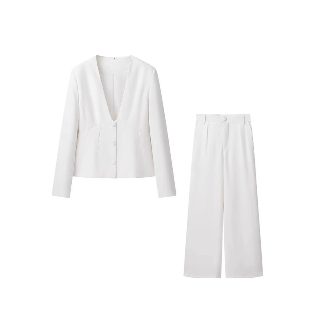 Denise – V-Neck Suit Coat with Wide Leg Pants Set