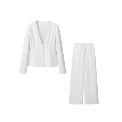 Denise – V-Neck Suit Coat with Wide Leg Pants Set