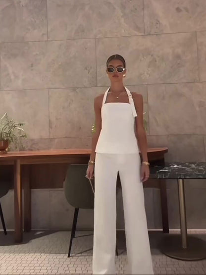 Natasha – White Backless Halterneck Vest & High-waisted Pants Suit