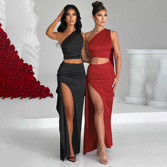 Vanessa – One-Shoulder Satin Maxi Dress with High Waist Split