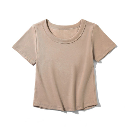 Carly – French-style O-neck Short Vegan Cotton T-shirt with Curved Hem