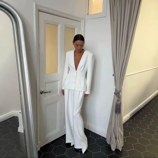 Denise – V-Neck Suit Coat with Wide Leg Pants Set