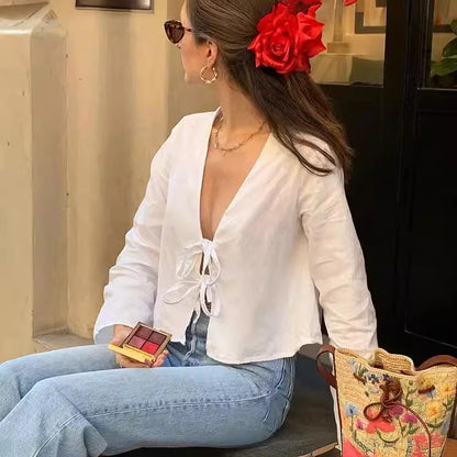 Melissa – Elegant Bell Sleeve Tie Top