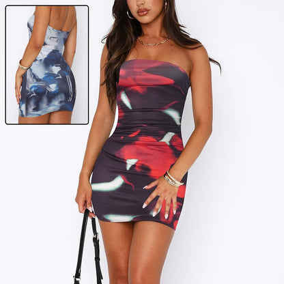 Tube Top Printed Pleated Pullover Hip Wrap Short Dress